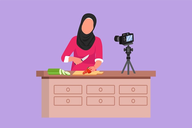 Carattere piatto disegno food blogger chef cucina registrazione video utilizzando la telecamera canale online streaming donna araba insegna a cucinare nuova ricetta spettacolo culinario disegno cartone animato illustrazione vettoriale