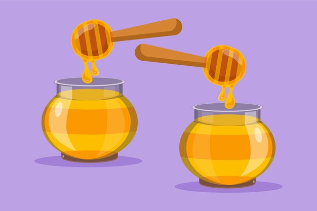 Vector character flat drawing fresh delicious sweet honey on wooden bowl with dipper drip natural organic food template concept healthy supplement logotype label symbol cartoon design vector illustration