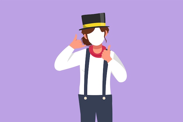 Character flat drawing funny female mime artist say hi with call me gesture white face make up puts on silent motion comedy show at circus show creative industry cartoon design vector illustration