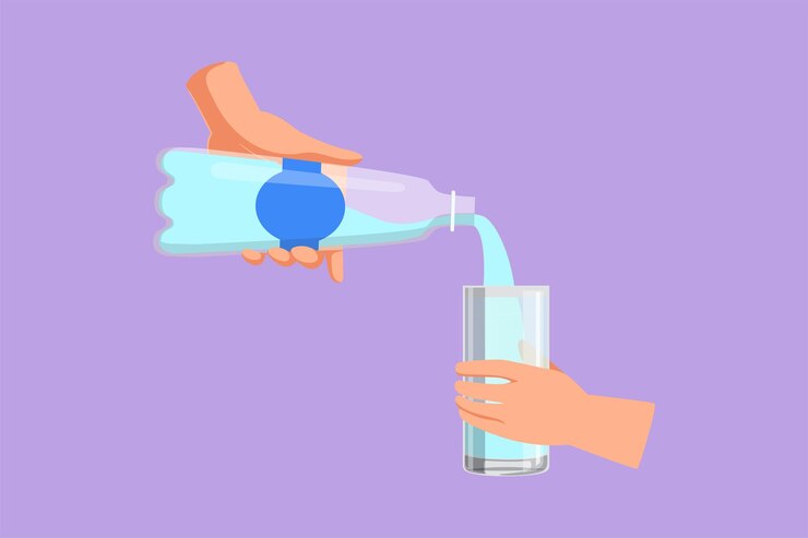 Vector character flat drawing of hand holding a aluminum can drink through torn blue paper or hole without label beverages in metal container refreshing drink for people cartoon design vector illustration