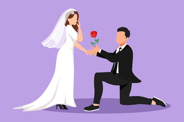 Character flat drawing handsome man on knee gives flower to beautiful woman Young guy giving to cute girl rose flower in wedding day Happy romantic couple in love Cartoon design vector illustration