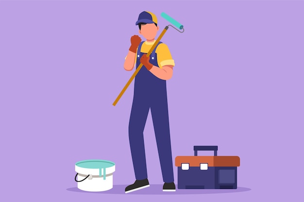 Vector character flat drawing handyman standing and holding long roll paintbrush with celebrate gesture and toolbox ready to home service housing renovation decoration cartoon design vector illustration