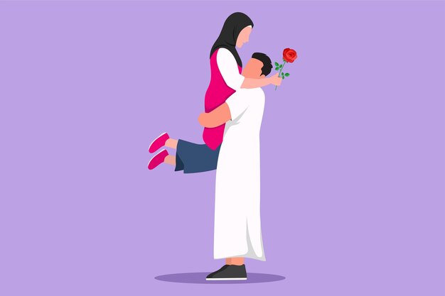 Character flat drawing happy Arabian man making proposal marriage to woman with rose flower Guy surprises his girl and giving flowers Engagement and love relation Cartoon design vector illustration