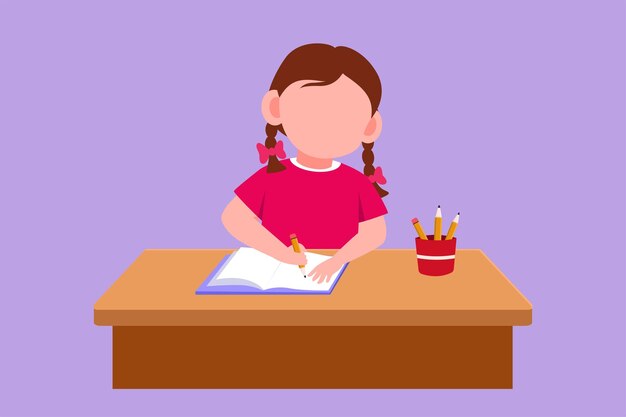 Vector character flat drawing happy elementary school girl student studying in the library and reading book kid makes homework from school intelligent student education cartoon design vector illustration