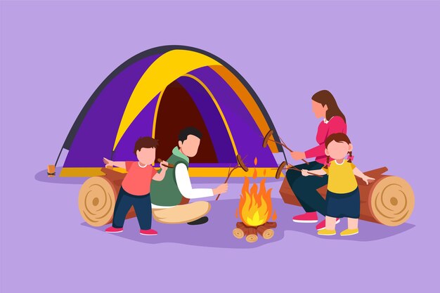 평평한 캐릭터 그림 행복한 가족 캠프 불 에 앉아 기쁜 관광객 캠퍼 엄마 아빠와 아이들이 저녁 식사로 소시지를 구워 밤 캠핑 모험 여행 로고 아이콘 만화 디자인 터 일러스트