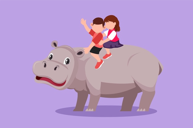 Character flat drawing of happy little boy and girl riding hippo together Adorable children sitting on back hippopotamus in zoo Kids learning to ride hippopotamus Cartoon design vector illustration