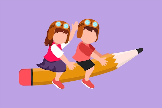 Character flat drawing of happy school kids riding flying pencil get ready for studying Children riding on stationary Back to school or creative thinking concept Cartoon design vector illustration