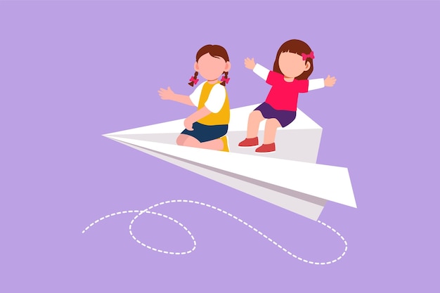 Character flat drawing happy two little girls flying on paper plane pretty kids flying on paper airplane together smart children back to school metaphor concept cartoon design vector illustration