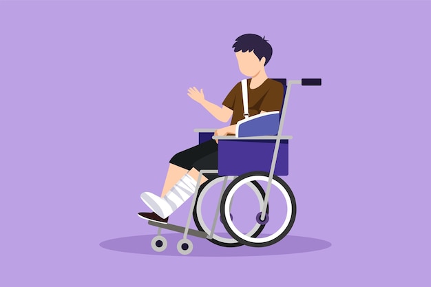 Плоский рисунок персонажа раненый и расстроенный мальчик в гипсе или гипсе, сидящий в инвалидной коляске, страдающий от боли и травм