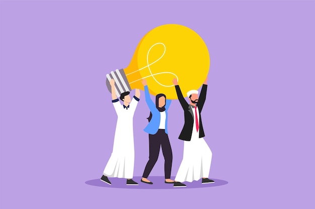 Character flat drawing of joint teamwork building business team Arabian businessman and beautiful woman hold and lift light bulb Idea generation creative search Cartoon design vector illustration