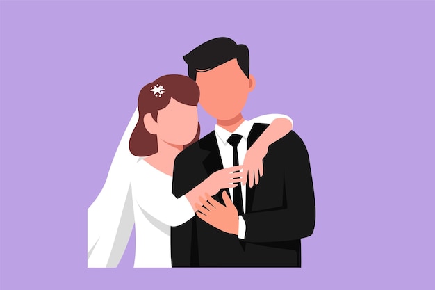 Vector character flat drawing of lovers man with suit and woman with wedding dress hugging each other couple in relationship in love happy husband hugging beautiful wife cartoon design vector illustration