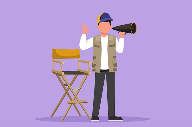 Character flat drawing male film director standing and holding megaphone with okay gesture while prepare camera crew for shooting comedy series Creative industry Cartoon design vector illustration