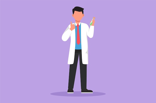 Vector character flat drawing male scientist standing with thumbs up gesture and holding measuring tube filled with chemical liquid researching about vaccine and pandemic cartoon design vector illustration