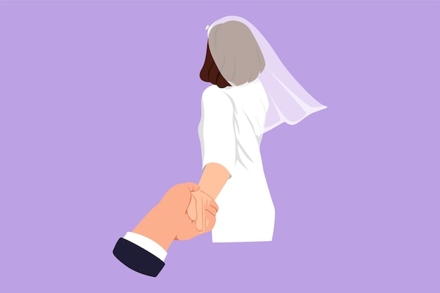 Character flat drawing married girl leads guys hand Beautiful woman with wedding dress walking on romantic honeymoon holidays holding hand of husband following her Cartoon design vector illustration