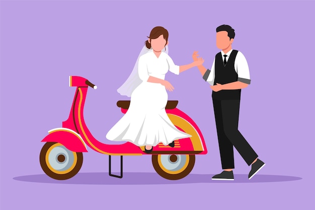 Character flat drawing married riders couple trip travel relax Romantic honeymoon moments sitting and talking on motorcycle Man with woman holding hand on scooter Cartoon design vector illustration