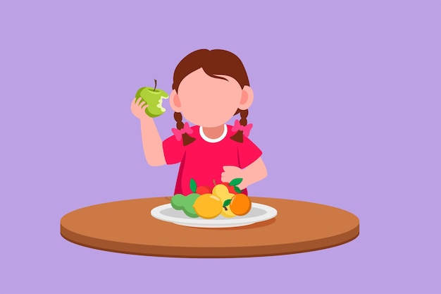 Vector character flat drawing pretty little girl eating fruit sitting near table eat orange watermelon and banana in tray placed on table at home healthy food for kids cartoon design vector illustration
