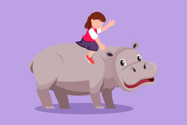 Character flat drawing pretty little girl riding hippo at amusement park happy child sitting on back hippopotamus in zoo brave kids learning to ride hippopotamus cartoon design vector illustration