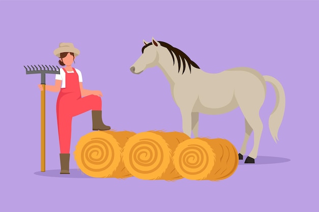 Персонаж плоский рисунок владелец ранчо, работающий на ферме Женщина-фермер кормит лошадь сеном Техник по животноводству, работающий с вилами, собирает пищу для жеребца Мультфильм дизайн векторной иллюстрации