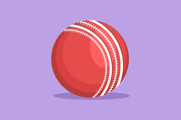Персонаж плоский рисунок красный традиционный мяч для крикета логотип этикетка символ Спортивное оборудование Летние командные виды спорта Крупный план кожи мяча для крикета жесткий круг стежка Мультфильм дизайн векторные иллюстрации