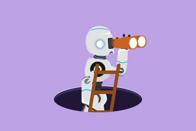 キャラクターフラットドローイングロボットははしごで穴から登り、双眼鏡技術ビジネスビジョンまたはアイデアを使用してヒューマノイドロボットサイバネティック生物ロボット開発漫画デザインベクトルイラスト