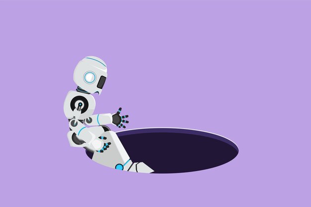 Vector character flat drawing of robot descends into the hole failure to take advantage of tech business opportunities humanoid robot cybernetic organism future robotic cartoon design vector illustration