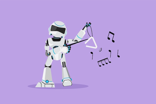 Character flat drawing robot musician playing musical triangle on stage Classical music orchestra instrument Humanoid robot cybernetic Future robotic industry Cartoon design vector illustration