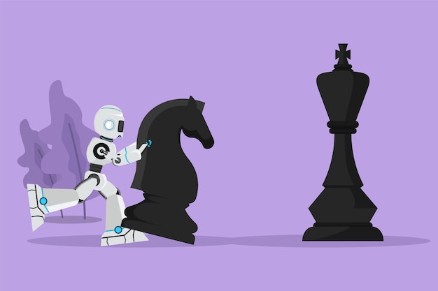 Персонаж плоский рисунок робот толкает огромную шахматную фигуру коня-рыцаря, чтобы победить короля Стратегический ход в победном игровом процессе Робот-кибернетический организм Будущее развитие роботов Мультфильм дизайн векторной иллюстрации