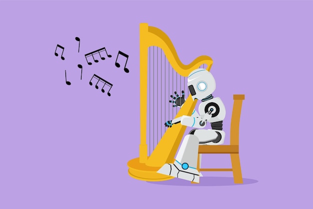 Character flat drawing robot sitting on chair and playing harp at classic music festival Future technology development Artificial intelligence machine learning Cartoon design vector illustration