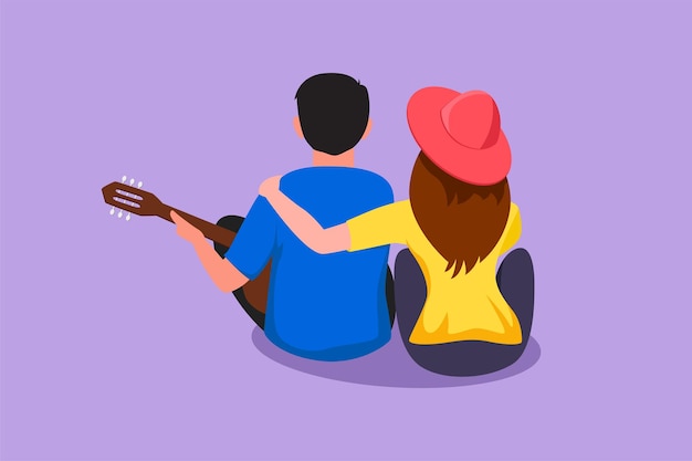 Персонаж плоский рисунок романтическая пара играет на гитаре в летний сезон женщина обнимает своего парня, сидящего в парке с гитарой романтическая пара встречается на открытом воздухе векторная иллюстрация карикатуры