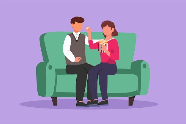 Character flat drawing romantic young couple sitting relaxed together on sofa woman feeding popcorn to man Celebrate wedding anniversary in romantic living room Cartoon design vector illustration