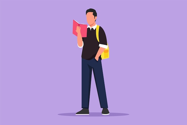 Character flat drawing smart guy standing and reads book that holds in one hand at school Young man love to read in library Male students with open books in hands Cartoon design vector illustration