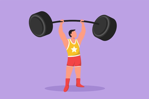 Character flat drawing of strongman raised the curved barbell with his two hands his muscles were clearly visible to circus audience circus show event performance cartoon design vector illustration