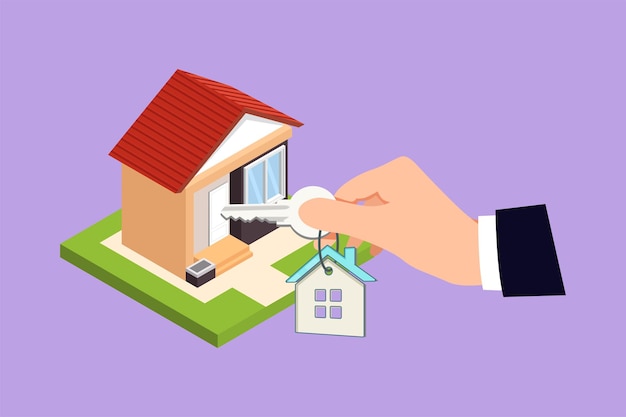 Character flat drawing stylized man hand insert key into keyhole house Open the doors Real Estate concept template for sales rental advertising Sign on home Cartoon design vector illustration