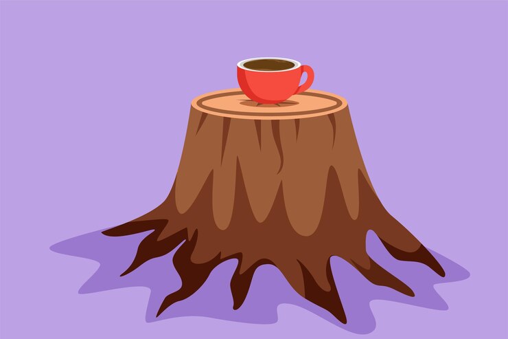 Vector character flat drawing stylized red campfire enamel coffee mug mockup on log table in campsite or camping ground empty mug mock up for design promotion logo icon cartoon design vector illustration
