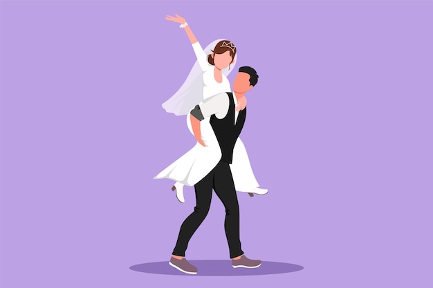 Vector character flat drawing of sweet married couple with man in suit carrying woman with wedding dress on his back happy romantic couple in love celebrate wedding party cartoon design vector illustration