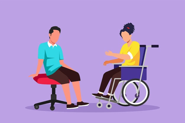 Character flat drawing two people sitting chatting one using chair and one using wheelchair Friendly man and woman talking to each other human disabled society Cartoon design vector illustration