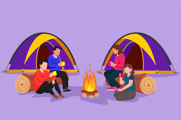 Vector character flat drawing two romantic couple camping around campfire tent group of man woman sitting on ground and drinking hot tea coffee getting warm near bonfire cartoon design vector illustration