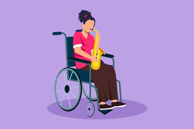 휠체어에 앉아 있는 캐릭터 플랫 드로잉 여성이 색소폰을 연주합니다. 장애와 클래식 음악 다리 골절 병원에 있는 사람 재활 센터 만화 디자인 벡터 그림