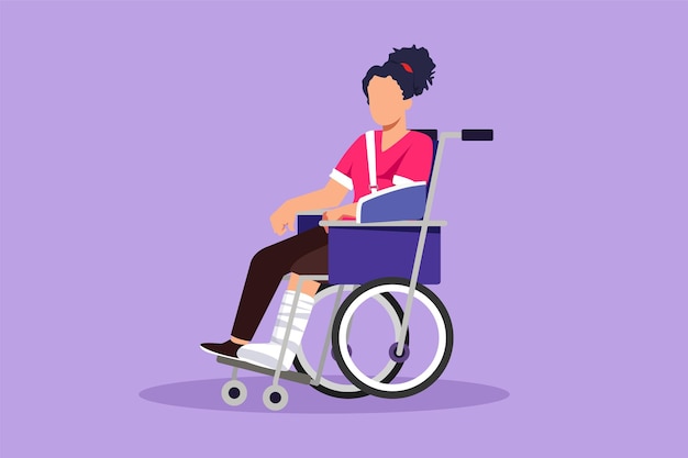 Character flat drawing of woman with leg in plaster suffering from pain Female sitting in wheelchair with broken leg Girl with fractured leg sitting in wheelchair Cartoon design vector illustration