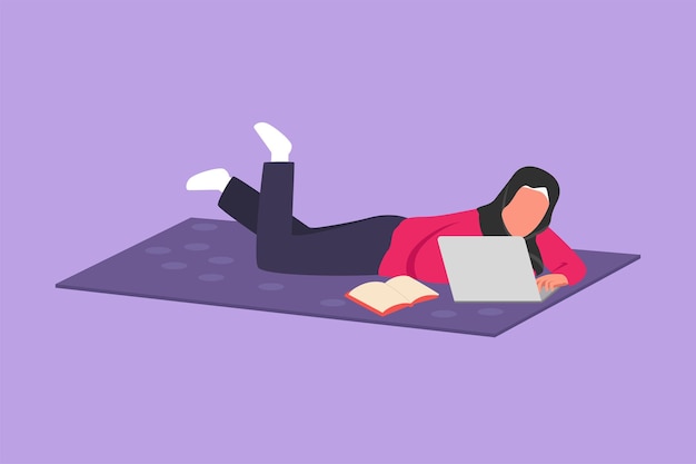 Vector character flat drawing young arab female character lying on floor and typing on laptop keyboard working from home with woman using computer girl studying at home cartoon design vector illustration