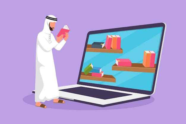 Персонаж плоский рисунок молодой араб студент колледжа читает книгу, стоя перед ноутбуком с книжной полкой на экране Цифровые образовательные технологии Мультфильм дизайн векторные иллюстрации