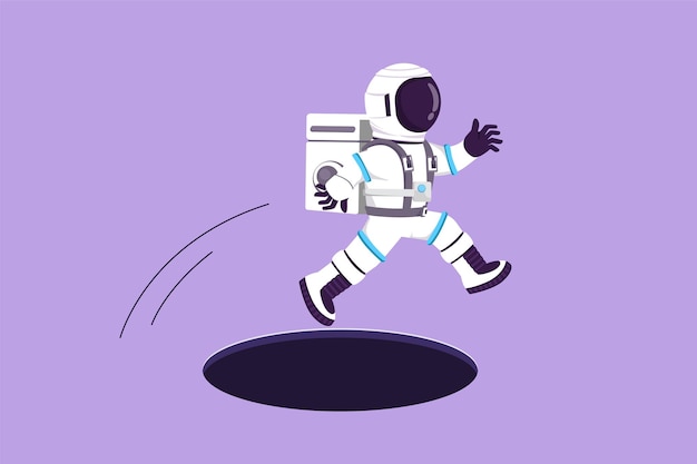 달 표면에 있는 구멍을 통해 점프하는 젊은 우주 비행사를 그리는 문자 평면 큰 문제에 직면하는 은유 우주 비행사 우주 공간 카툰 디자인 벡터 그림