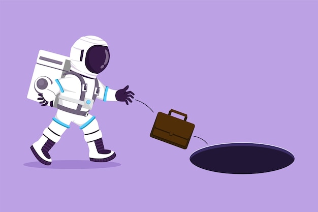 Character flat drawing of young astronaut throws briefcase into hole in moon surface Failed to take advantage of exploration opportunities Cosmonaut outer space Cartoon design vector illustration