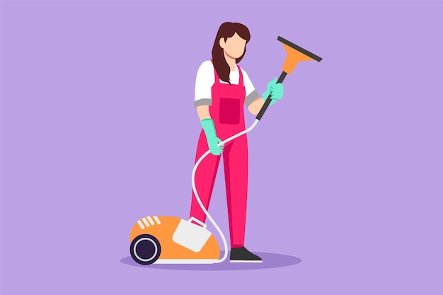 Character flat drawing young beautiful woman works at home do cleaning in work uniform Home vacuum cleaner Household home appliances Disinfection and cleaning Cartoon design vector illustration