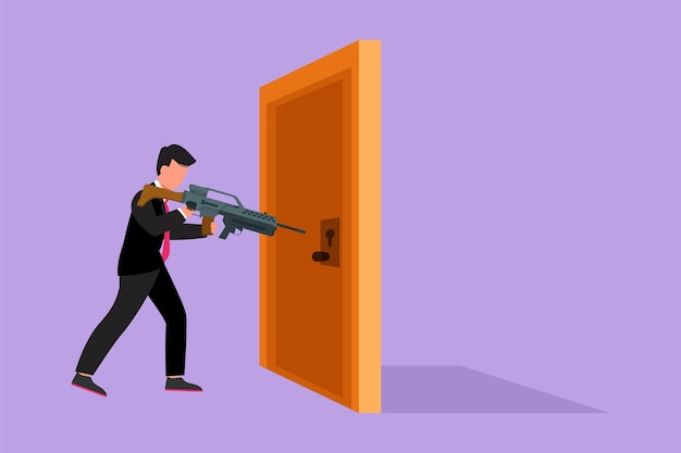 Character flat drawing young businessman pointing shotgun at doorknob business breakthrough struggle the power to succeed or winning competition open closed door cartoon design vector illustration