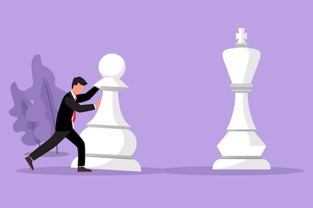 Character flat drawing young competitive businessman push huge pawn chess piece Business strategy goals target marketing plan Strategic move in business concept Cartoon design vector illustration