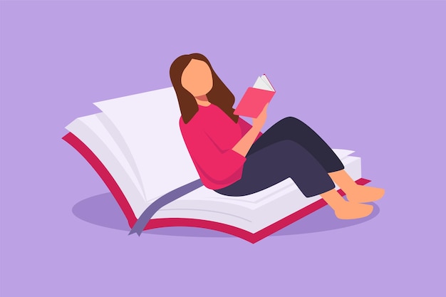 Character flat drawing young female reading learning and sitting on open big book Smart student studying in library Literature fans booklover education concept Cartoon design vector illustration