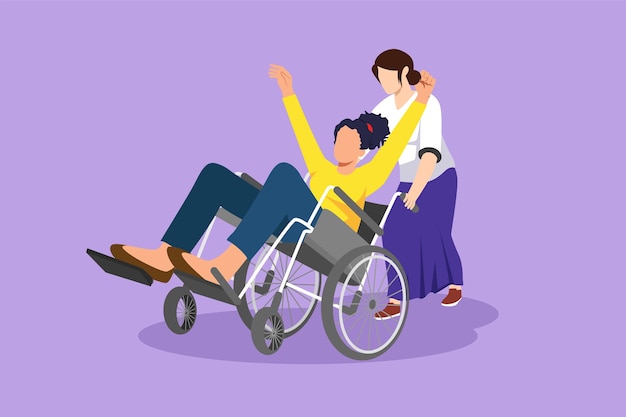 Character flat drawing young female volunteer helps disabled beautiful old woman riding on wheelchair in park Family care volunteerism disability care concept Cartoon design vector illustration