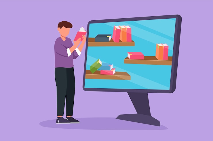 Vector character flat drawing young smart male student reading book while standing in front of big computer monitor with bookshelf on screen digital education technology cartoon design vector illustration