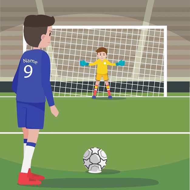 Vector character football player at penalty shoot position with goalkeeper